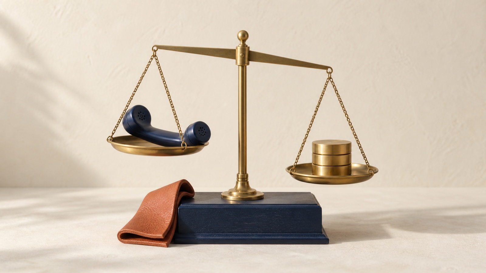 A small brass balance scale weighing a navy ceramic telephone handset against three plain brass discs, on warm ivory paper